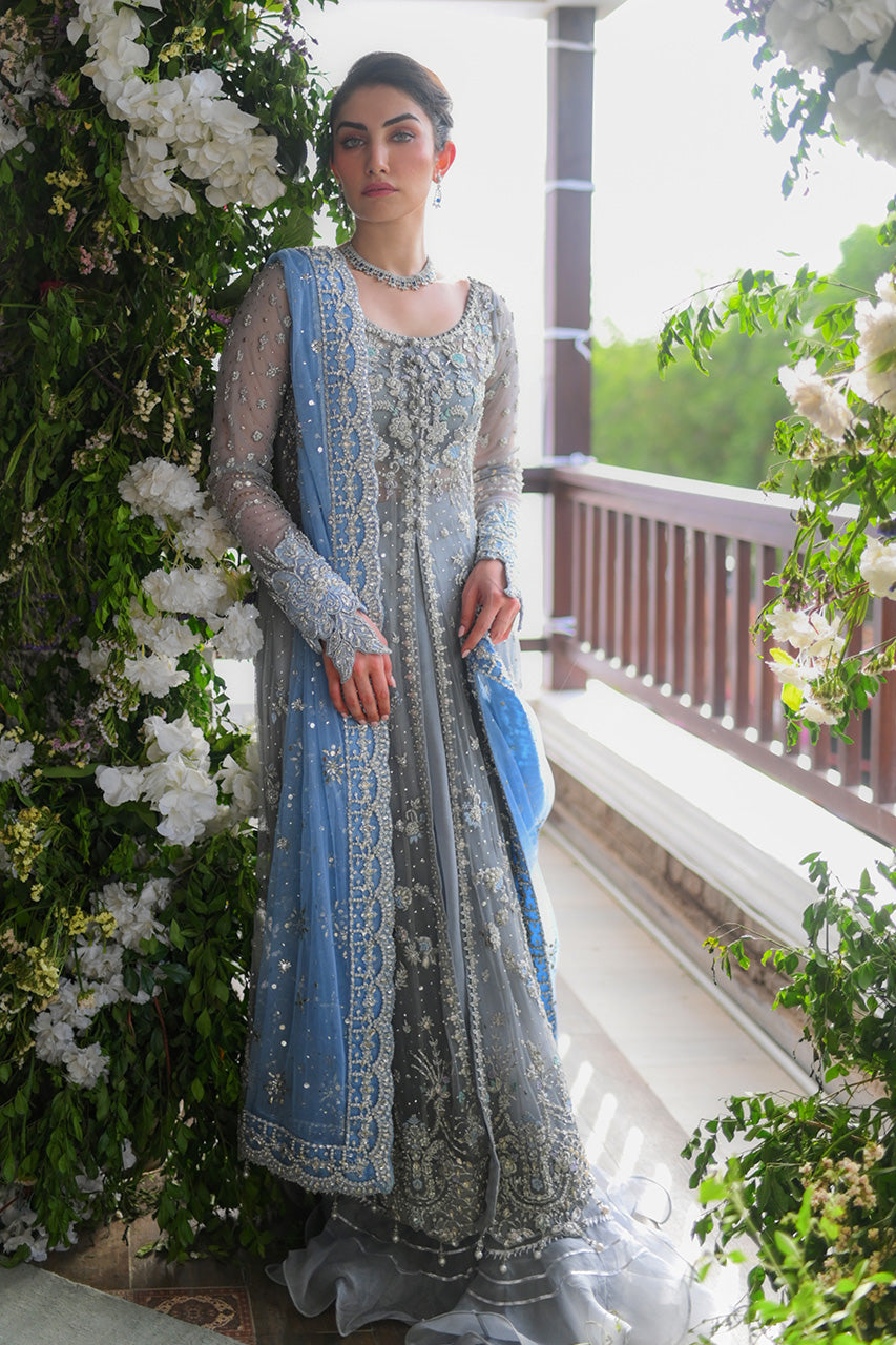 Pakistani Grey Zardozi Kaamdaani Net Pishwas (3-Piece) - Image 5