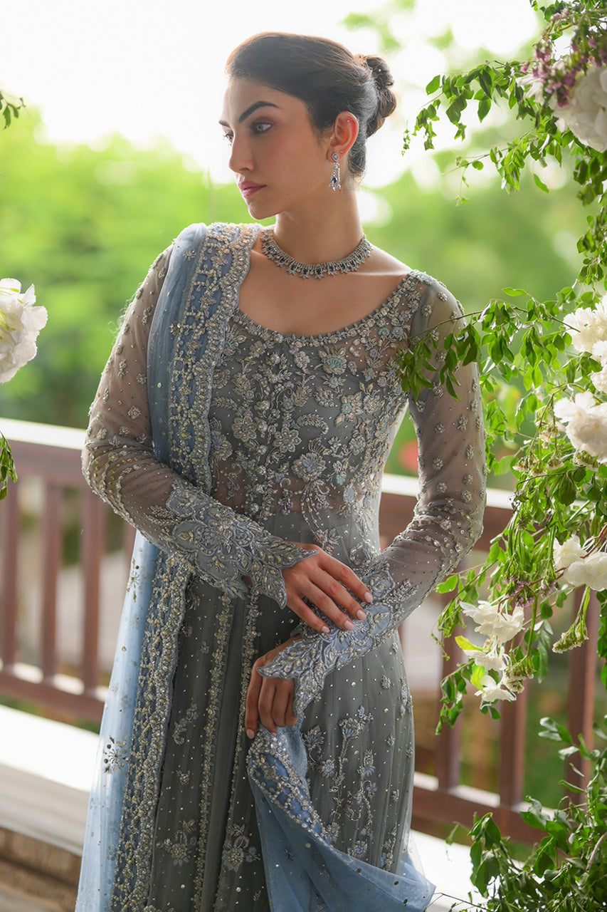 Pakistani Grey Zardozi Kaamdaani Net Pishwas (3-Piece) - Image 7