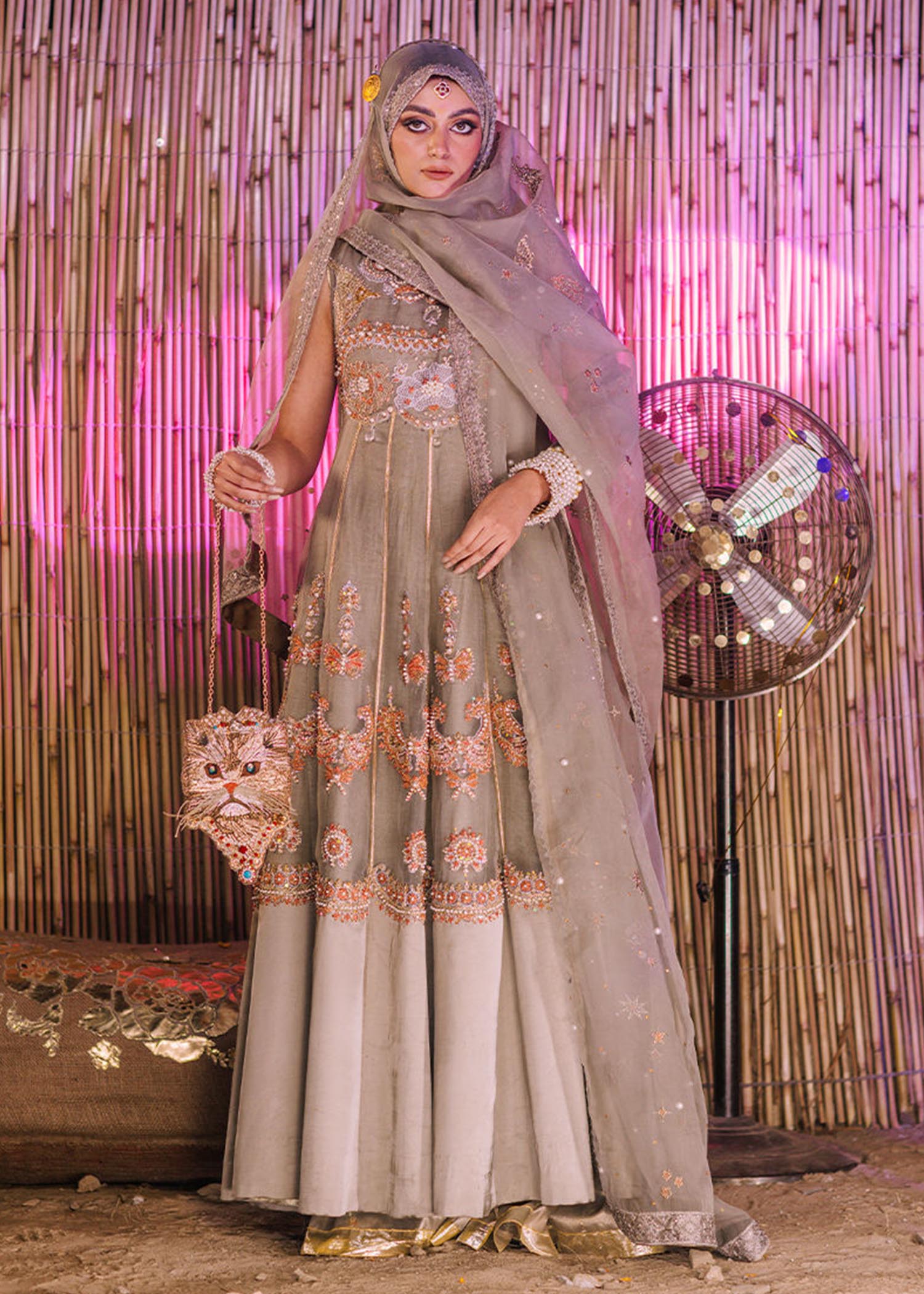 Grey Adda Gota Organza Pishwas Dress (3-Piece) - Image 1