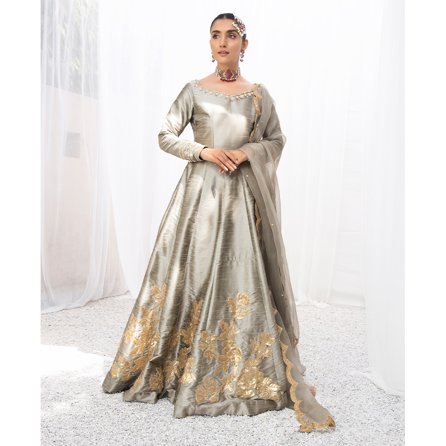 Pakistani Sea Shell Grey Sequin Embroidered Raw Silk Pishwas (2-Piece) - Image 1