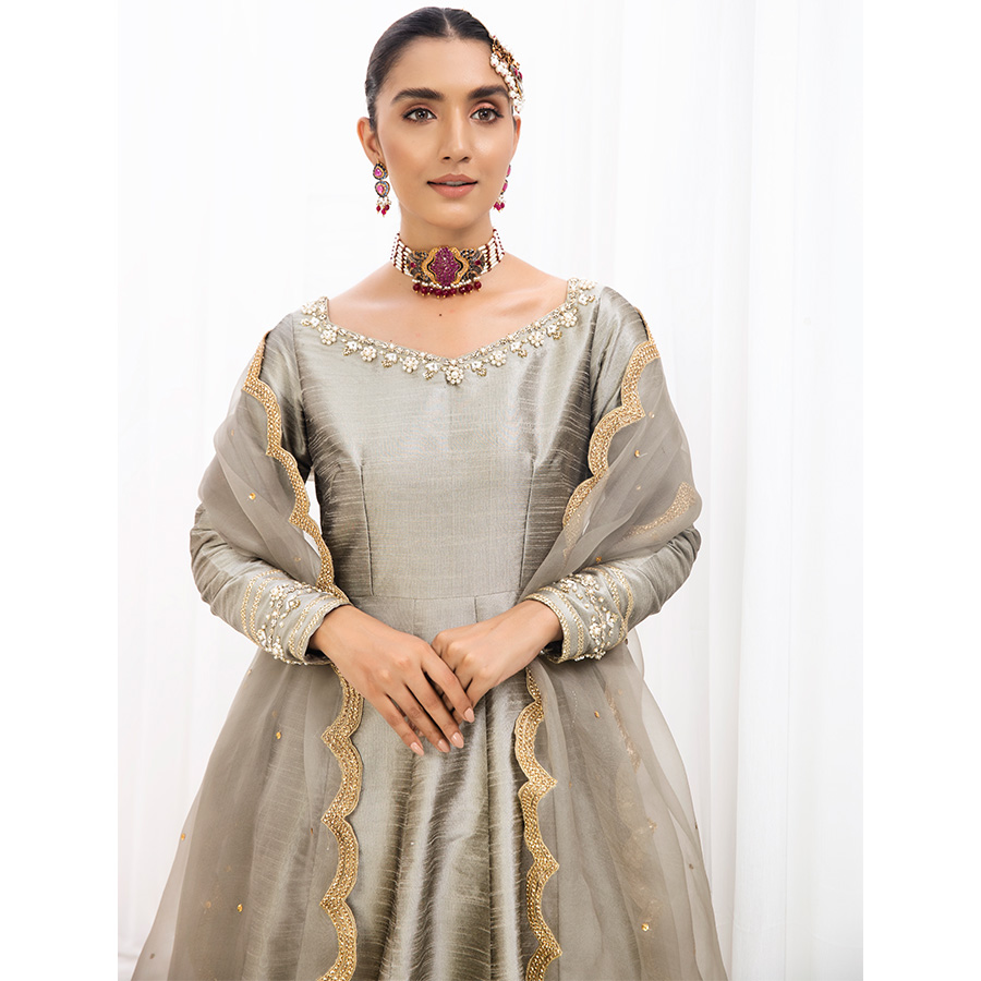 Pakistani Sea Shell Grey Sequin Embroidered Raw Silk Pishwas (2-Piece) - Image 2