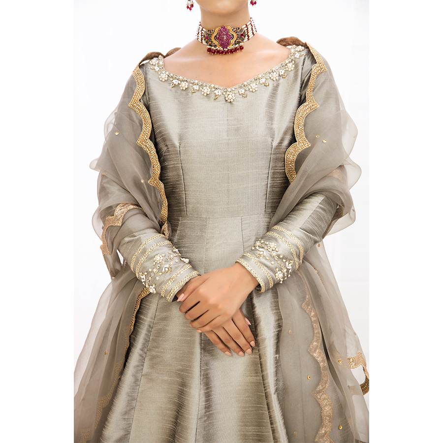 Pakistani Sea Shell Grey Sequin Embroidered Raw Silk Pishwas (2-Piece) - Image 3