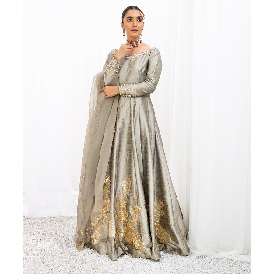 Pakistani Sea Shell Grey Sequin Embroidered Raw Silk Pishwas (2-Piece) - Image 4