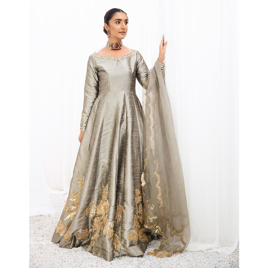 Pakistani Sea Shell Grey Sequin Embroidered Raw Silk Pishwas (2-Piece) - Image 5