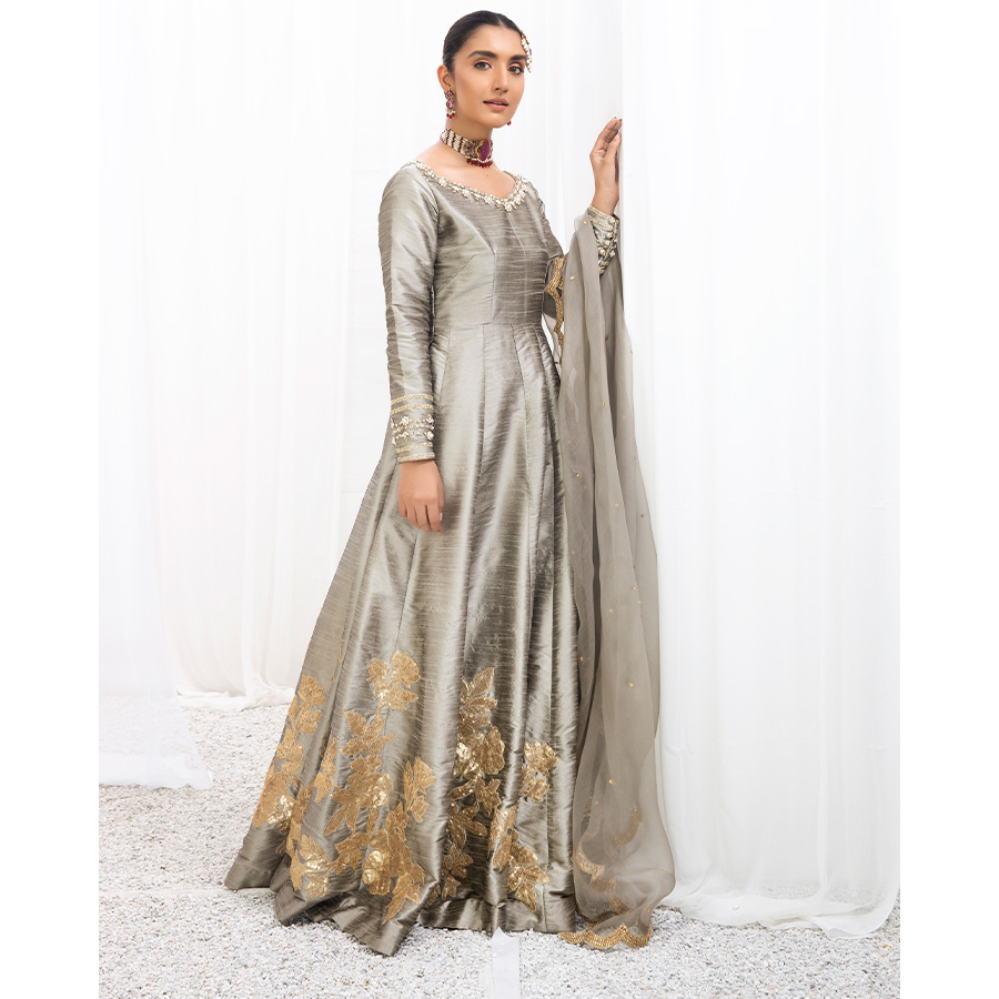 Pakistani Sea Shell Grey Sequin Embroidered Raw Silk Pishwas (2-Piece) - Image 6