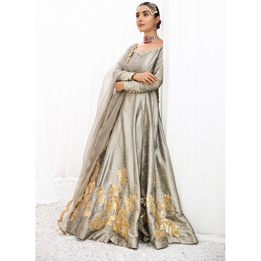 Pakistani Sea Shell Grey Sequin Embroidered Raw Silk Pishwas (2-Piece) - Image 7
