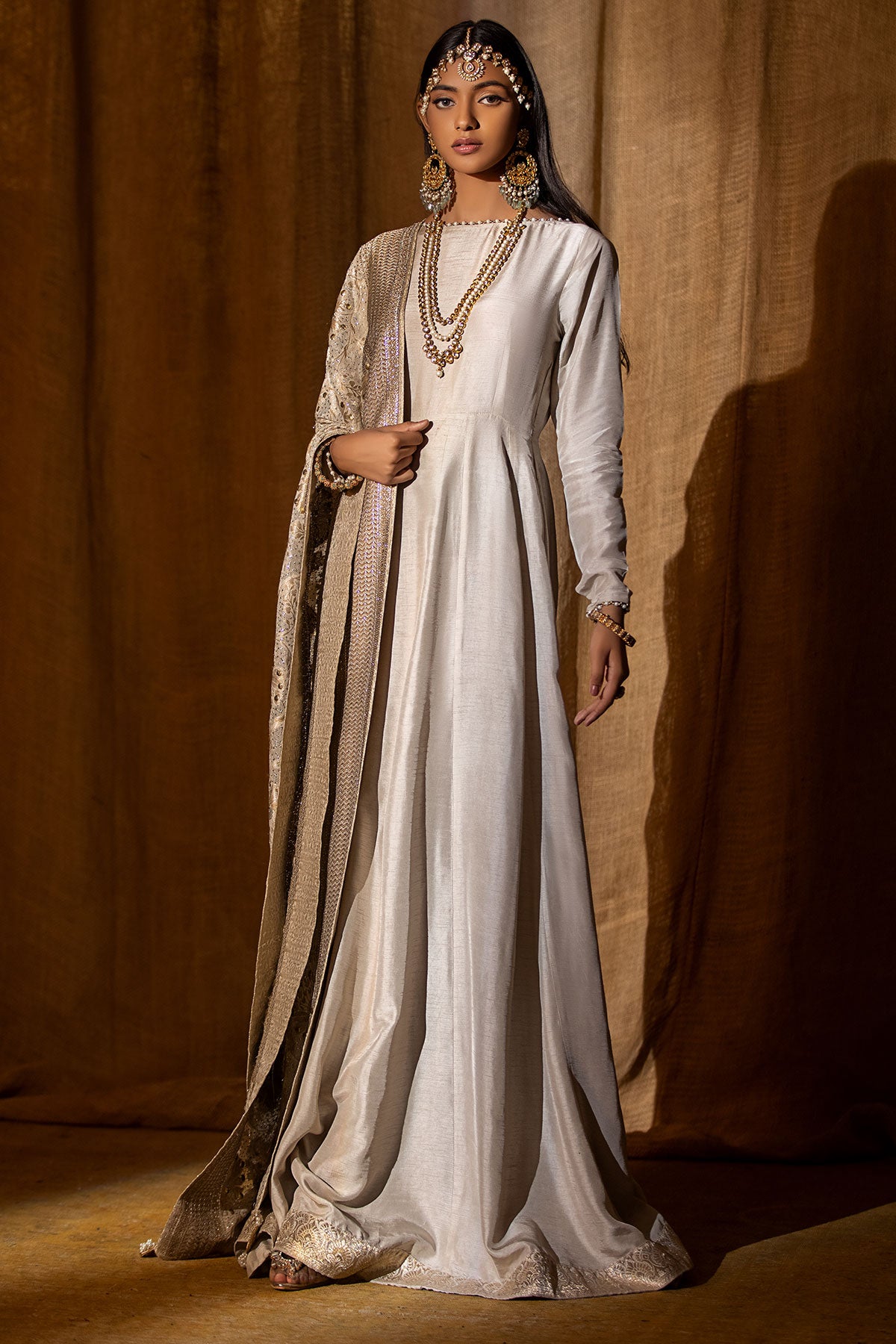 Lilac Grey Pearl-Embellished Raw Silk Pishwas (1-Pc) - Image 1