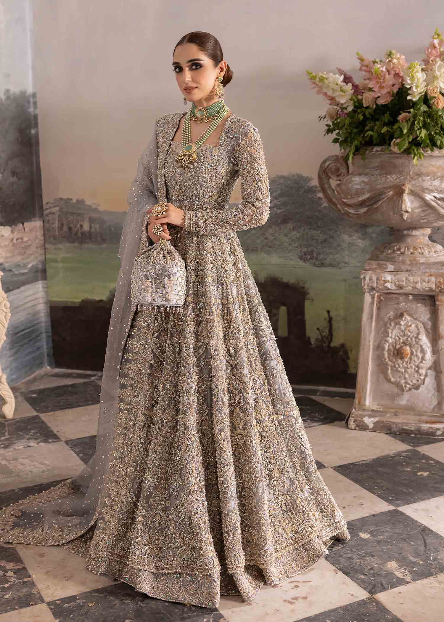 Pakistani Grey Embellished Raw Silk Pishwas Dress (2-Piece) - Image 1