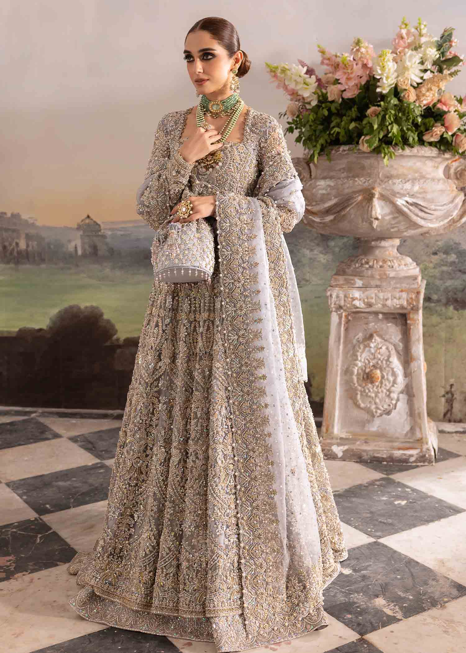 Pakistani Grey Embellished Raw Silk Pishwas Dress (2-Piece) - Image 2