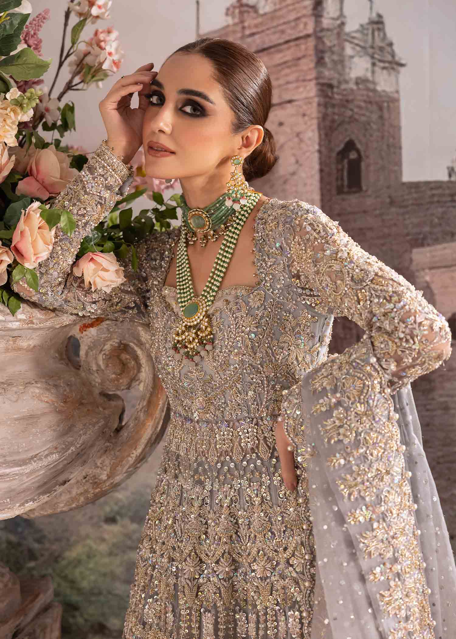 Pakistani Grey Embellished Raw Silk Pishwas Dress (2-Piece) - Image 3