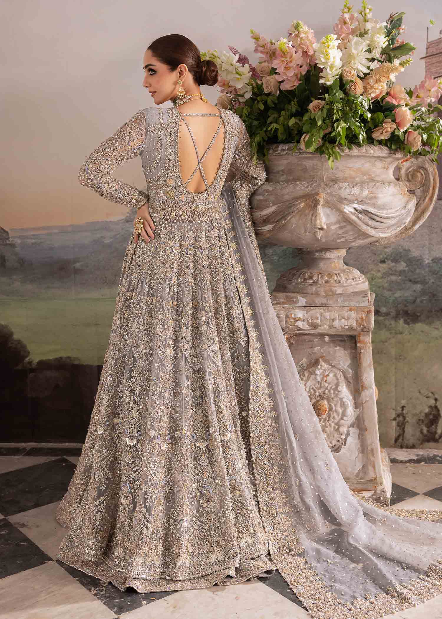 Pakistani Grey Embellished Raw Silk Pishwas Dress (2-Piece) - Image 6