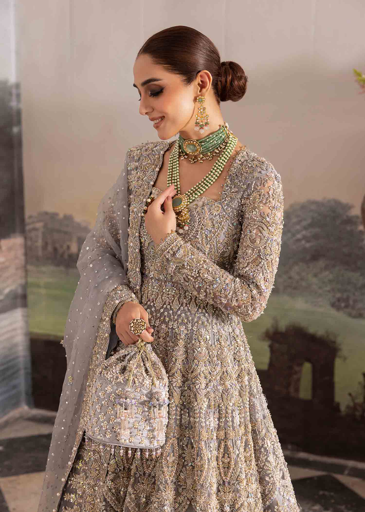 Pakistani Grey Embellished Raw Silk Pishwas Dress (2-Piece) - Image 7