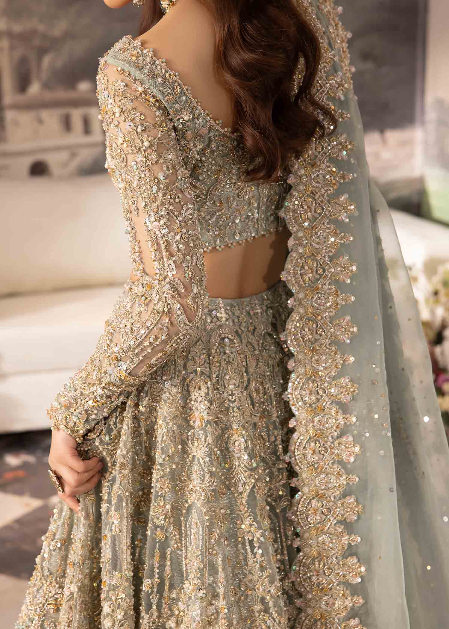 Pakistani Grey Embellished Raw Silk Pishwas Dress (2-Piece) - Image 9