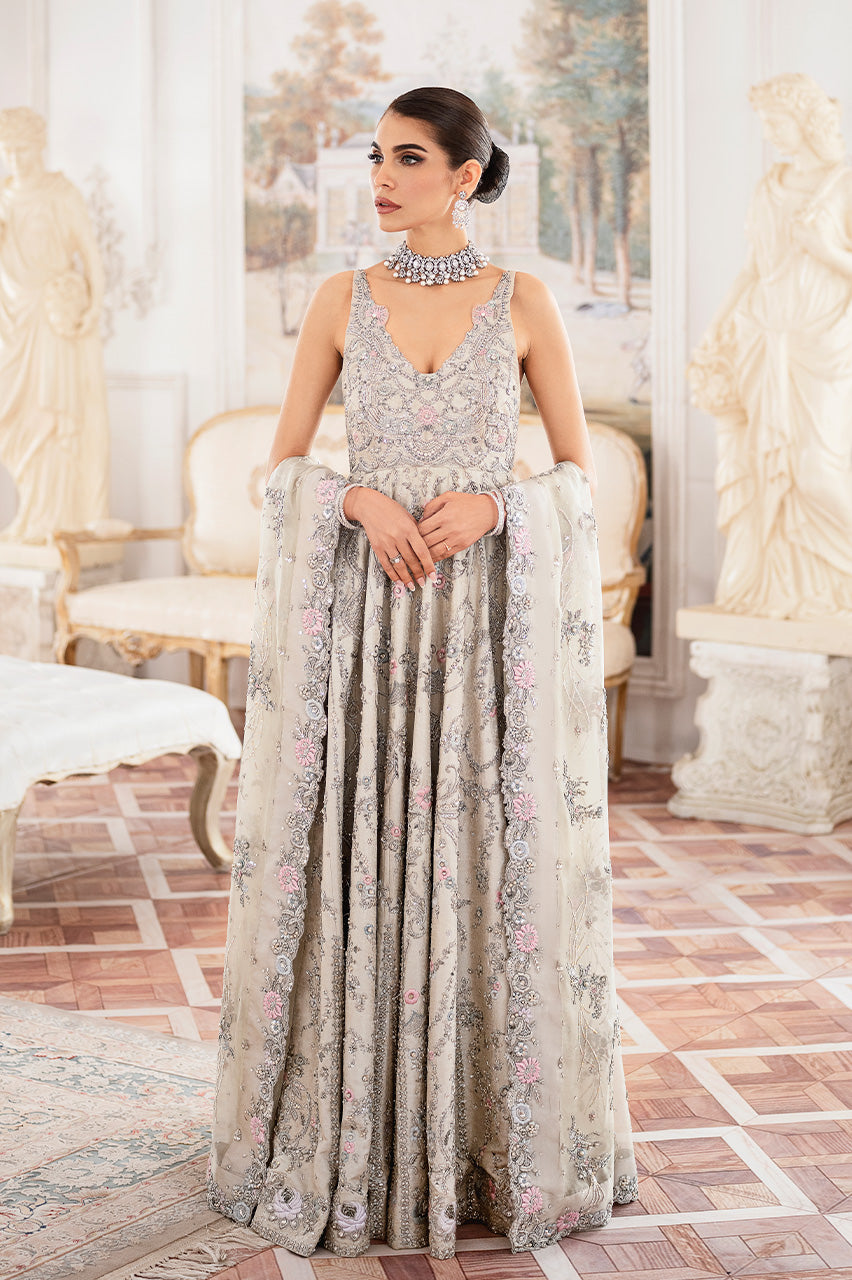 Grey Hand-Embroidered Silk Jamawar Pishwas (2-Piece) - Image 1