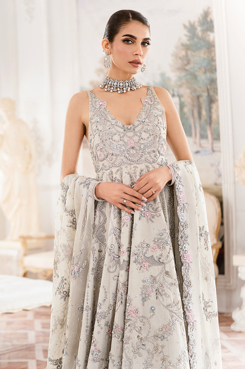 Grey Hand-Embroidered Silk Jamawar Pishwas (2-Piece) - Image 2