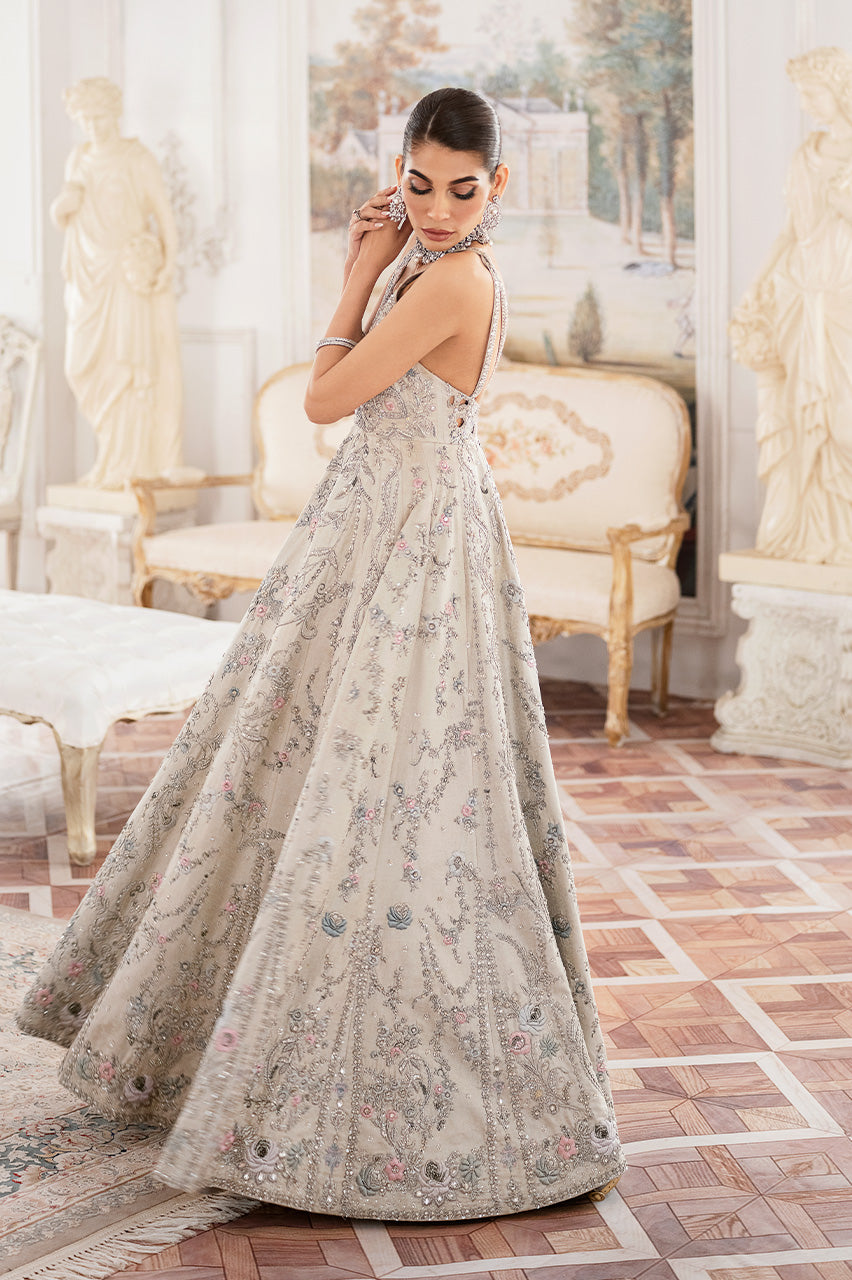 Grey Hand-Embroidered Silk Jamawar Pishwas (2-Piece) - Image 5