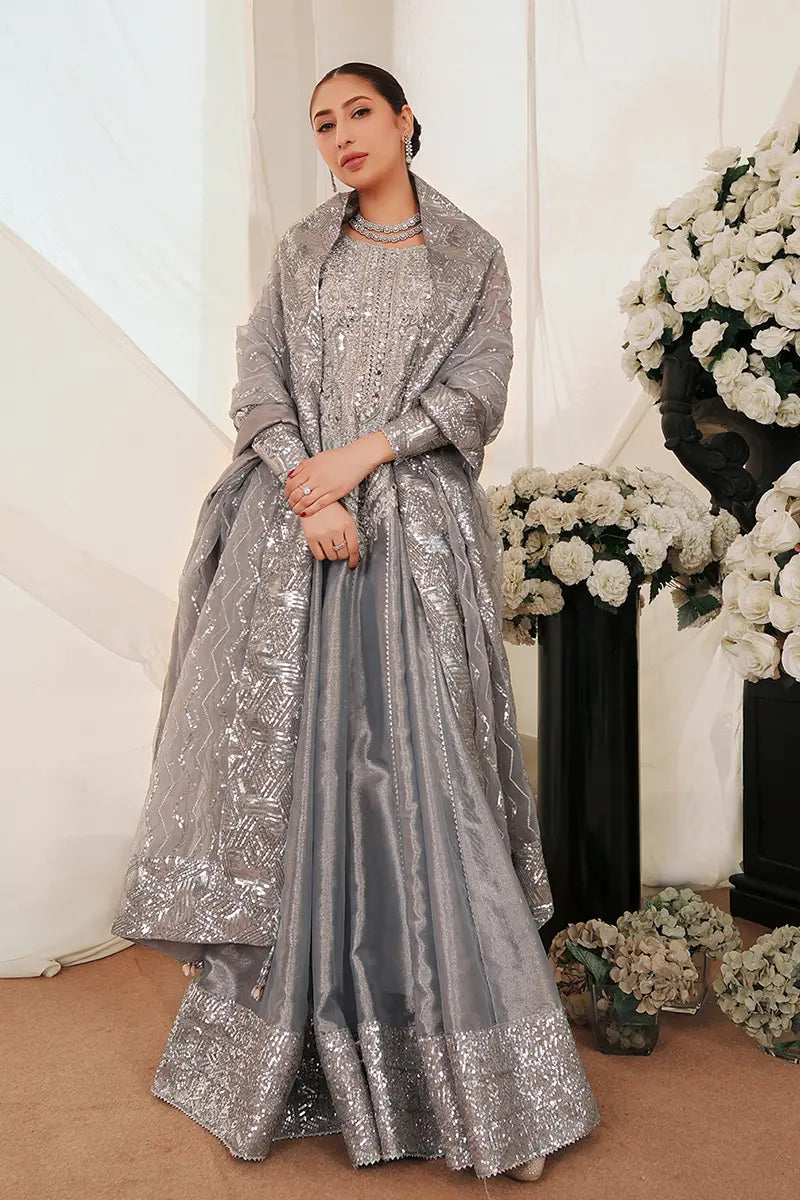 Pakistani Grey Embroidered Tissue Pishwas Dress (2-Piece) - Image 1