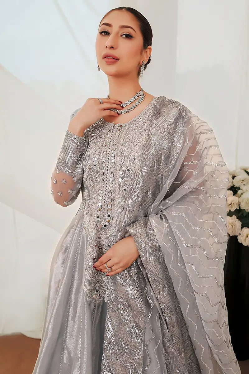 Pakistani Grey Embroidered Tissue Pishwas Dress (2-Piece) - Image 2