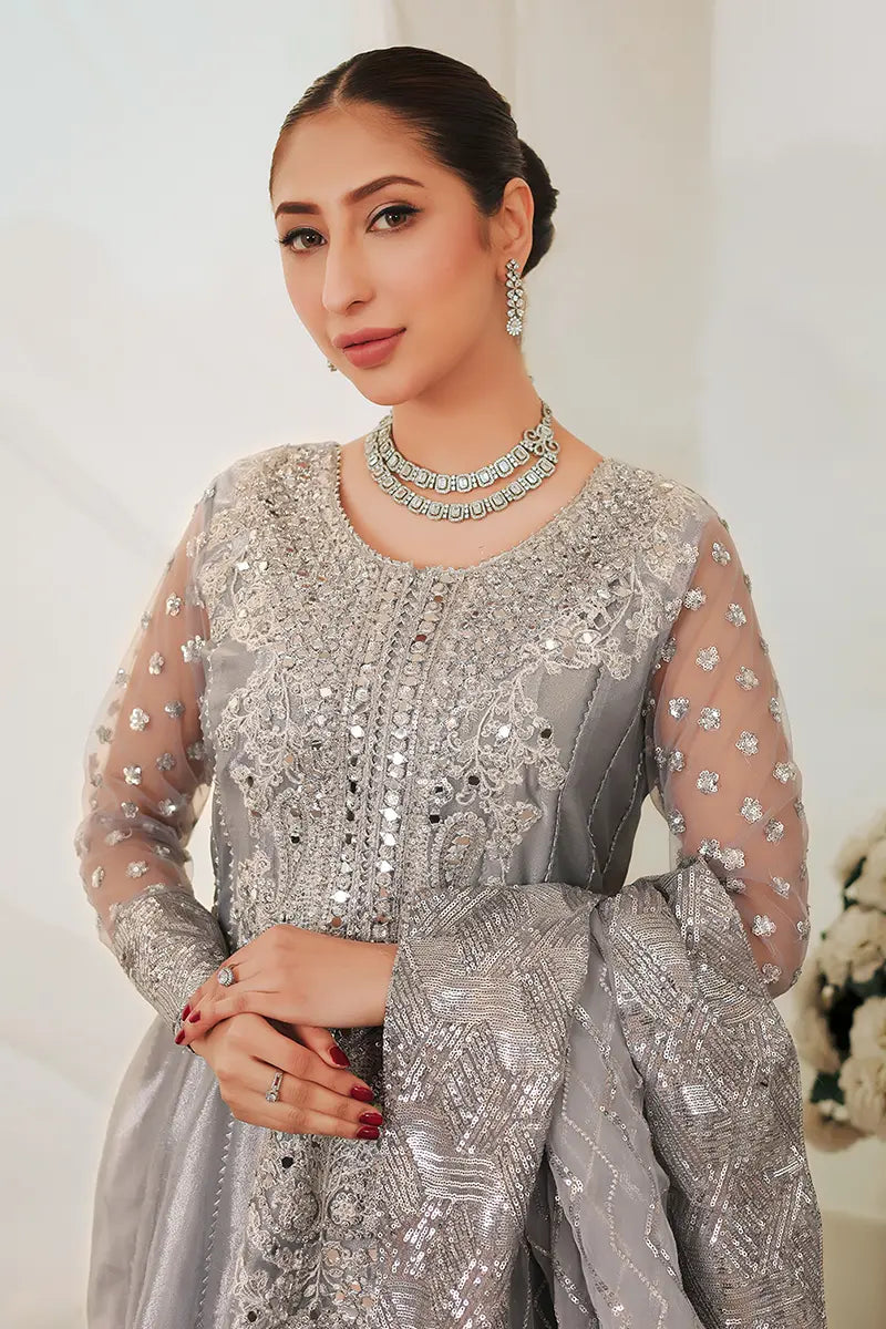Pakistani Grey Embroidered Tissue Pishwas Dress (2-Piece) - Image 4