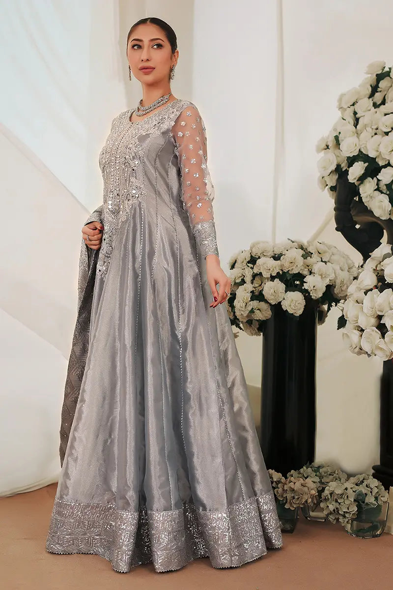 Pakistani Grey Embroidered Tissue Pishwas Dress (2-Piece) - Image 5