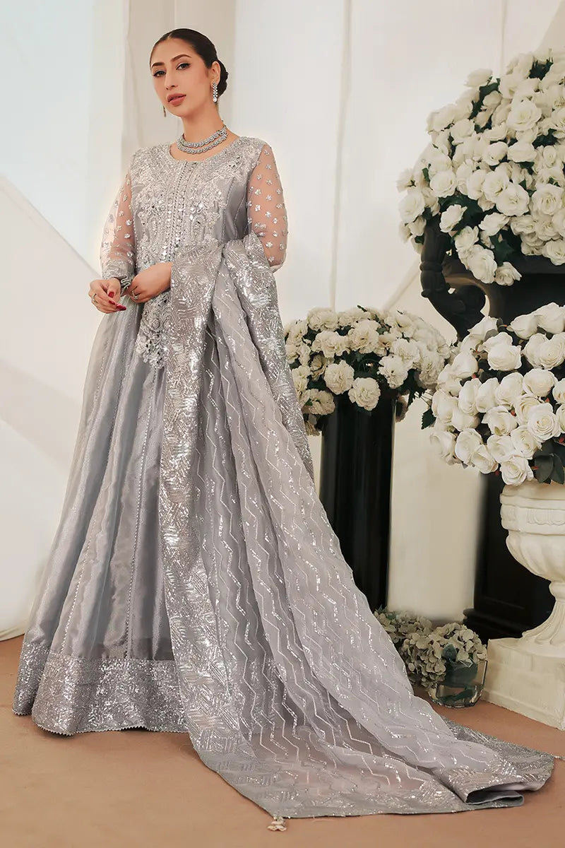 Pakistani Grey Embroidered Tissue Pishwas Dress (2-Piece) - Image 6