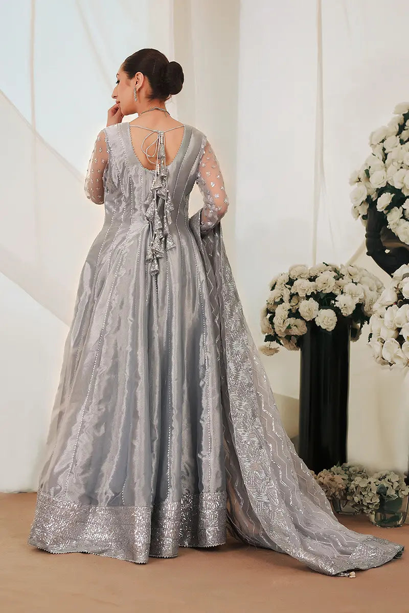 Pakistani Grey Embroidered Tissue Pishwas Dress (2-Piece) - Image 7