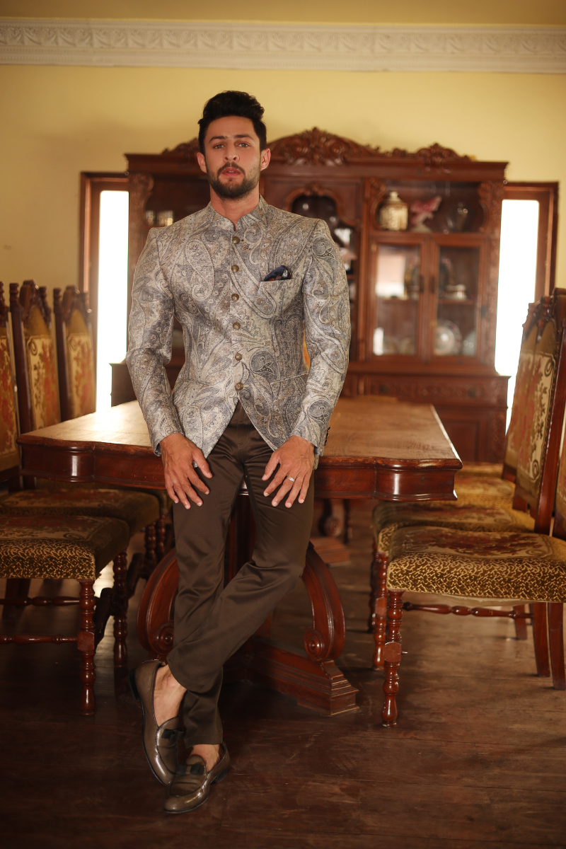 Grey Paisley Brocade Prince Coat (2-Piece) - Image 1