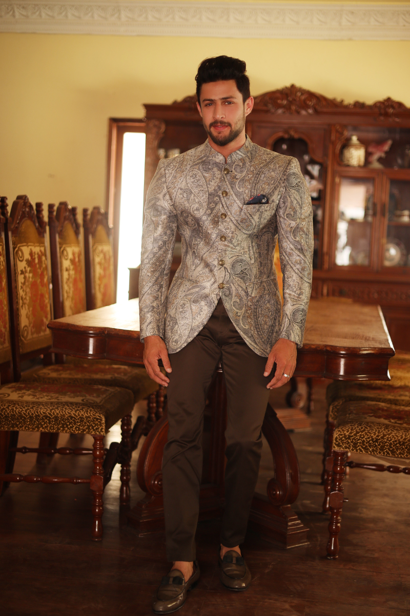 Grey Paisley Brocade Prince Coat (2-Piece) - Image 2