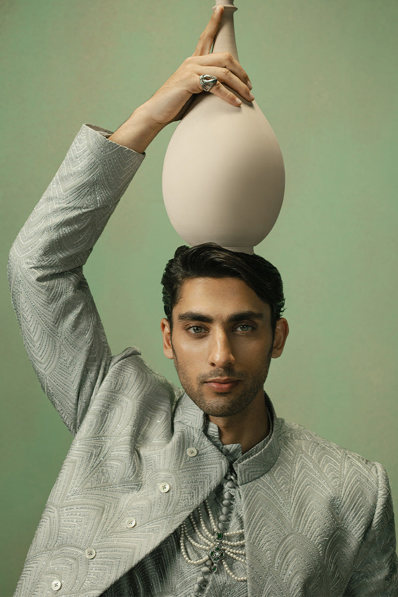 Ice Grey Embroidered Jacquard Prince Coat (3-Piece) - Image 4