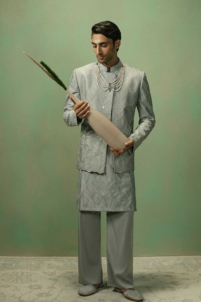 Ice Grey Embroidered Jacquard Prince Coat (3-Piece) - Image 6