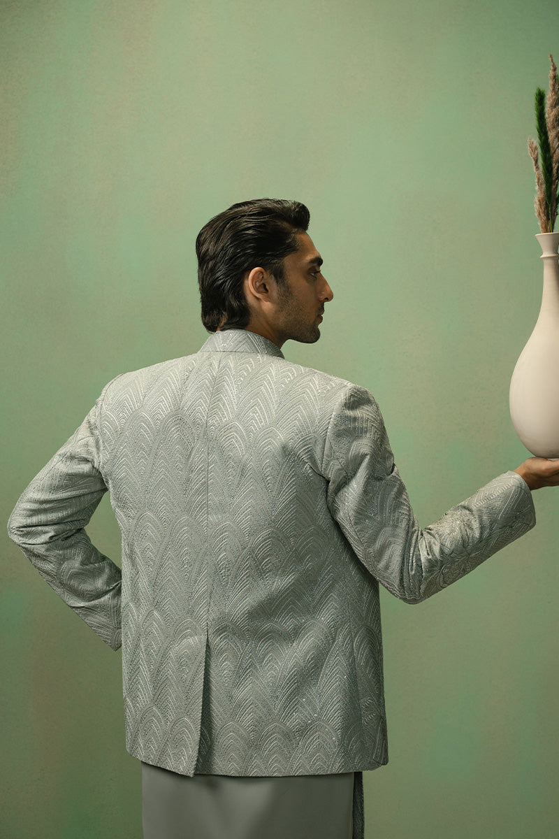 Ice Grey Embroidered Jacquard Prince Coat (3-Piece) - Image 8