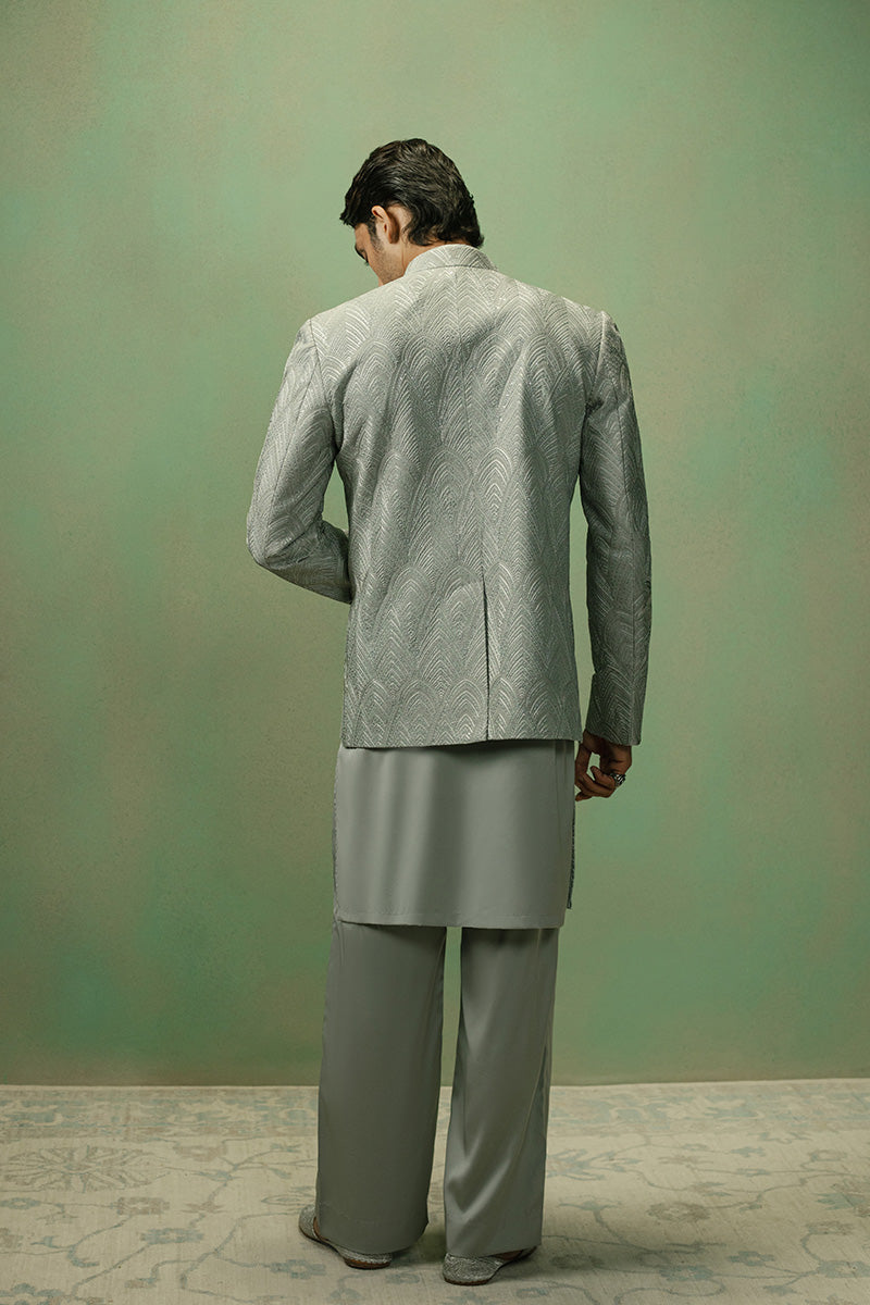 Ice Grey Embroidered Jacquard Prince Coat (3-Piece) - Image 9