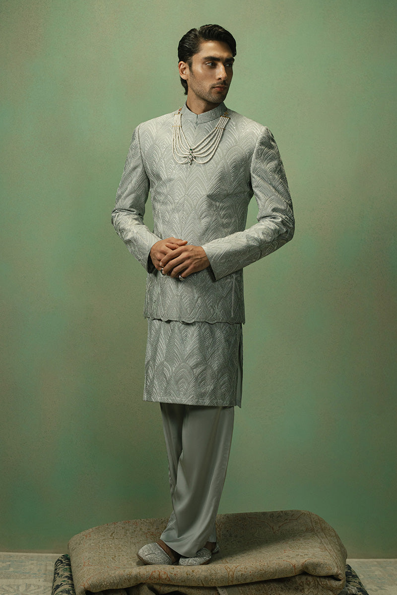 Ice Grey Embroidered Jacquard Bandhgala Prince Coat (3-Piece) - Image 10