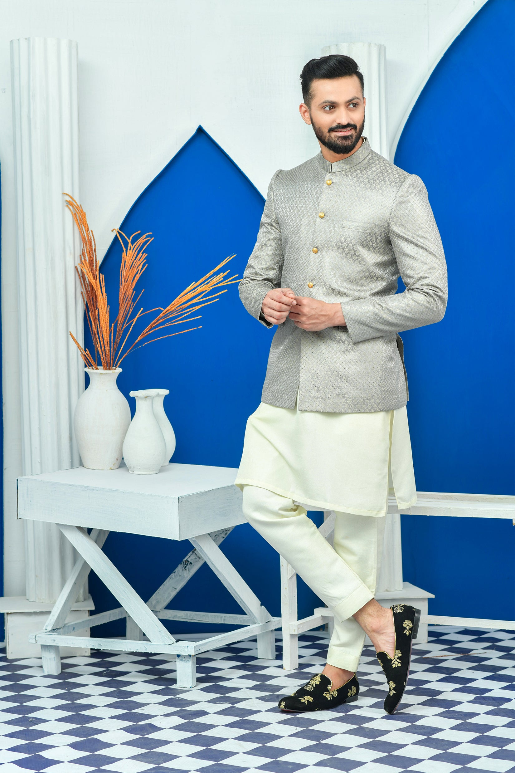 Grey Aari Embroidered Jamawar Prince Coat (1-Pc) - Image 1