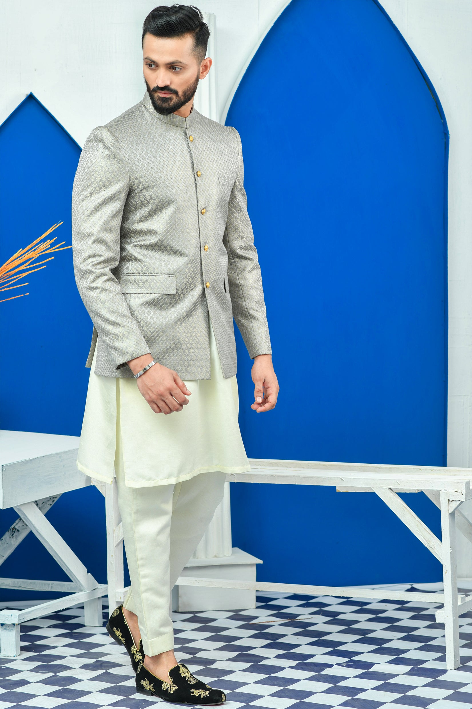 Grey Aari Embroidered Jamawar Prince Coat (1-Pc) - Image 2