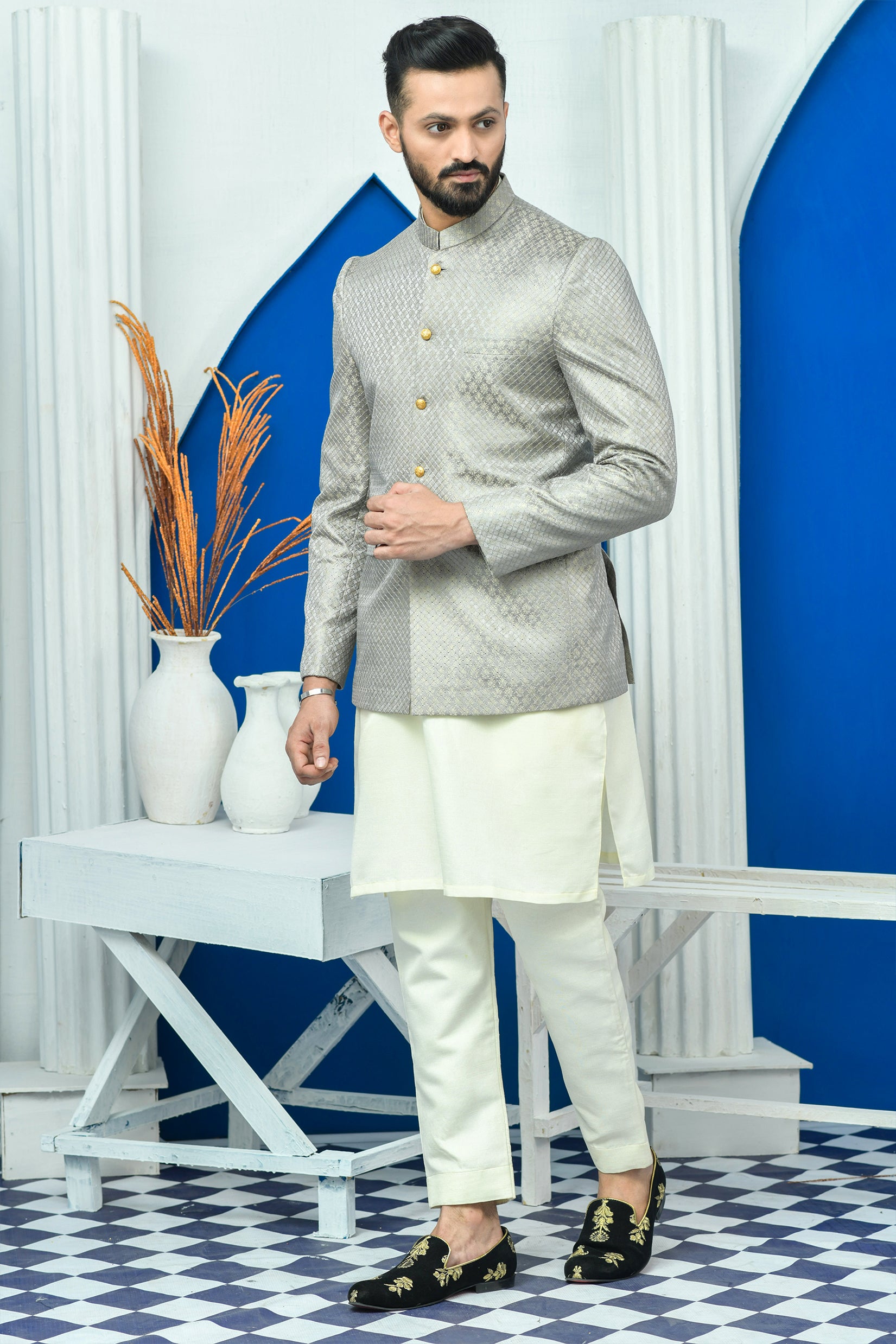 Grey Aari Embroidered Jamawar Prince Coat (1-Pc) - Image 3