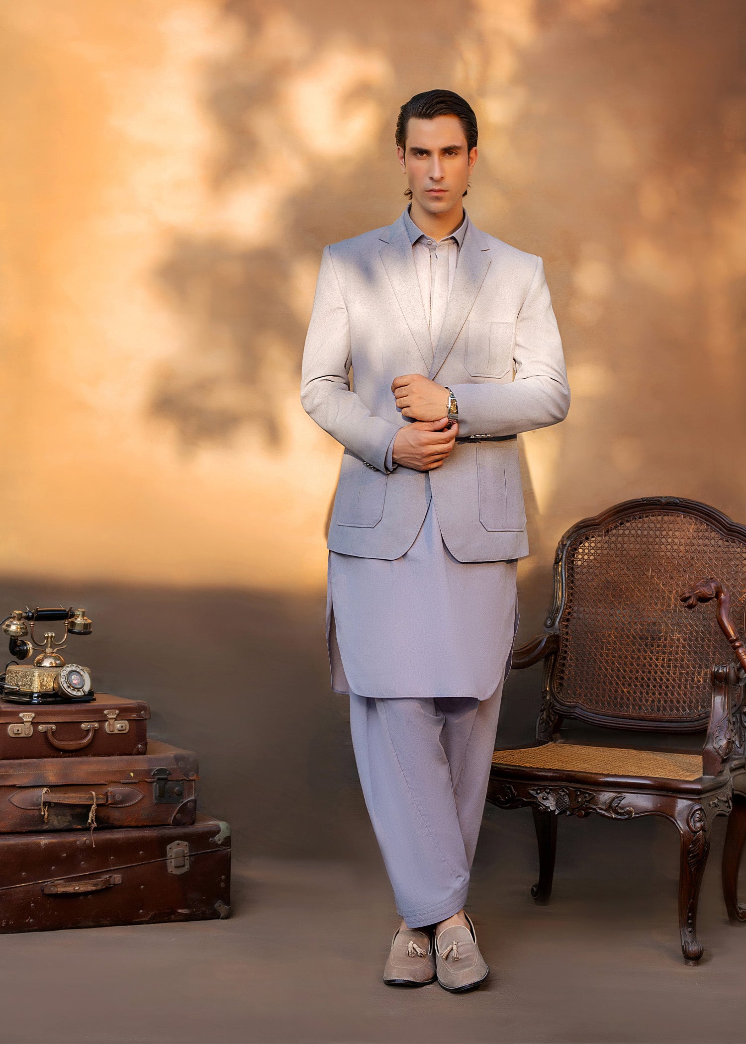 Steel Grey Khader Prince Coat Kurta Set (3-Piece) - Image 1