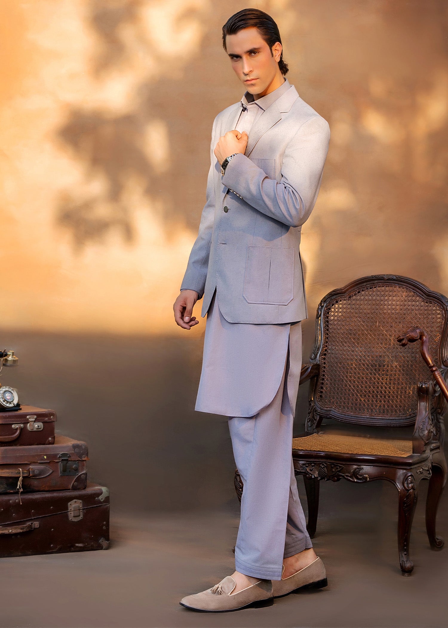 Steel Grey Khader Prince Coat Kurta Set (3-Piece) - Image 7