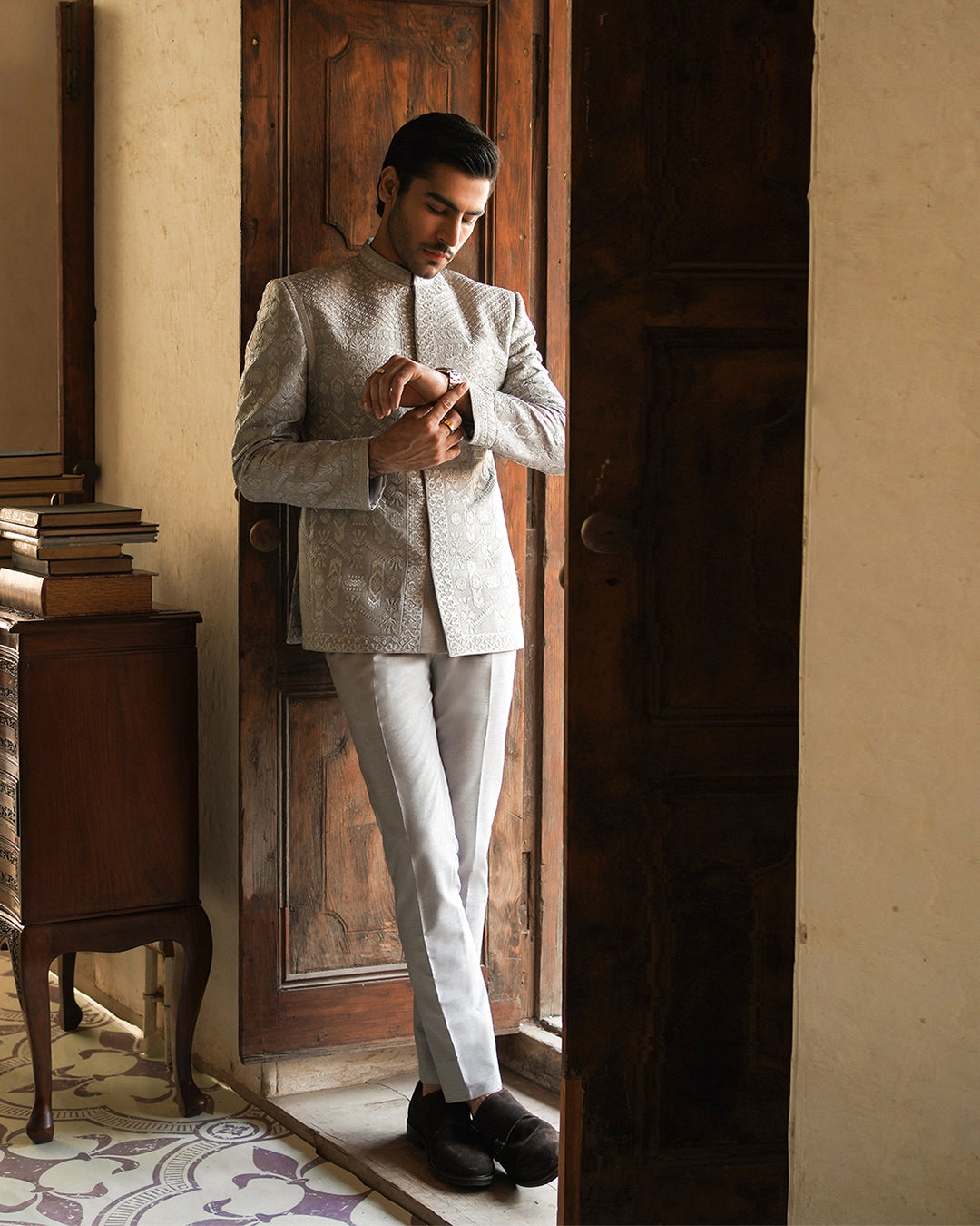 Grey Embroidered Korean Raw Silk Prince Coat (2-Piece) - Image 1