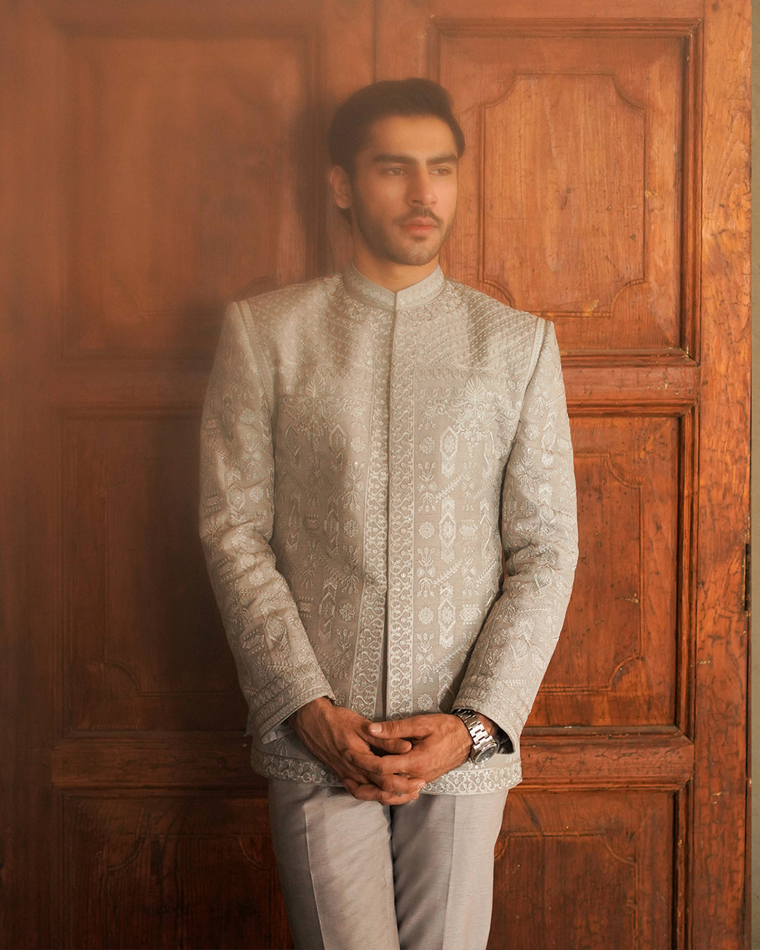 Grey Embroidered Korean Raw Silk Prince Coat (2-Piece) - Image 2