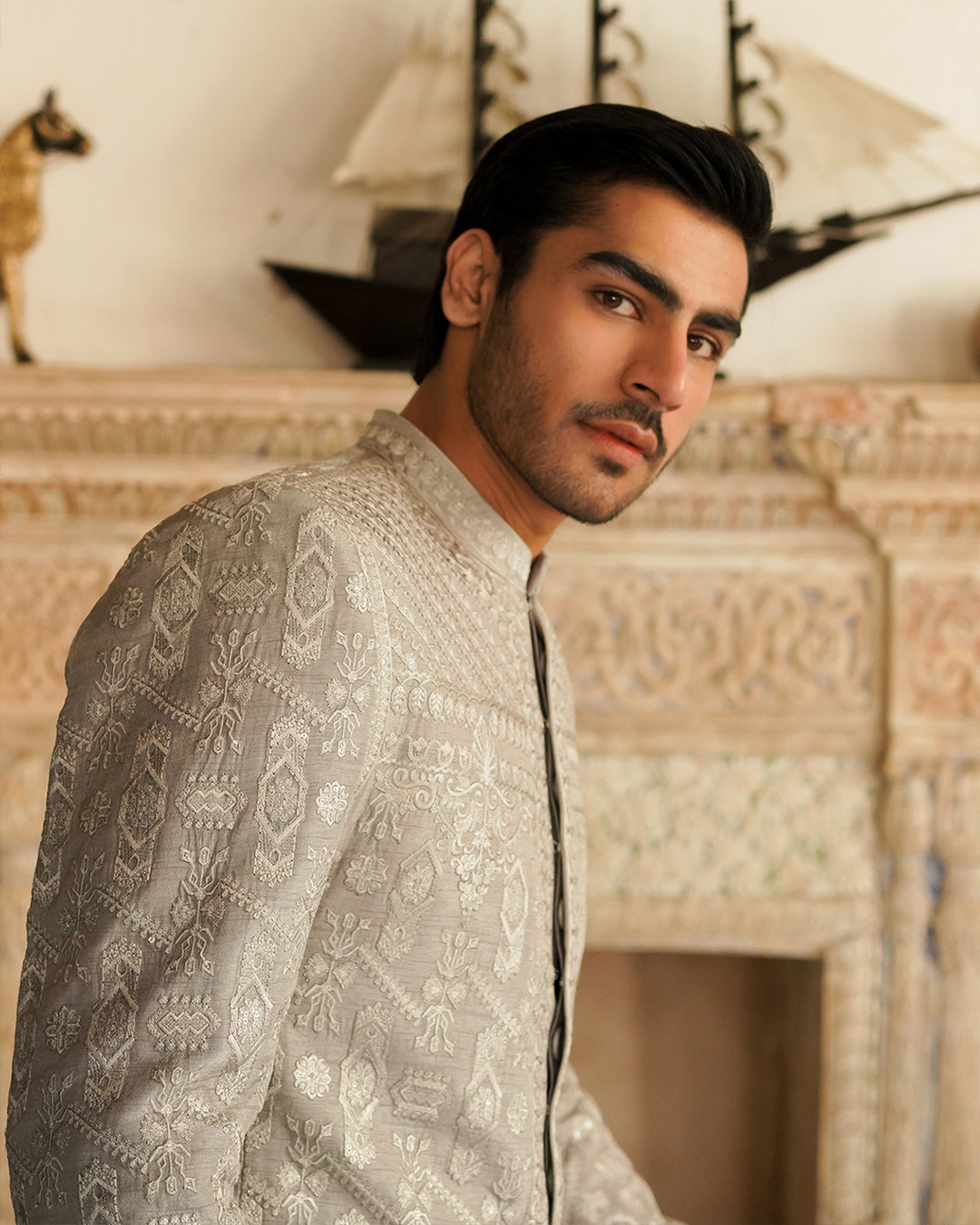 Grey Embroidered Korean Raw Silk Prince Coat (2-Piece) - Image 4