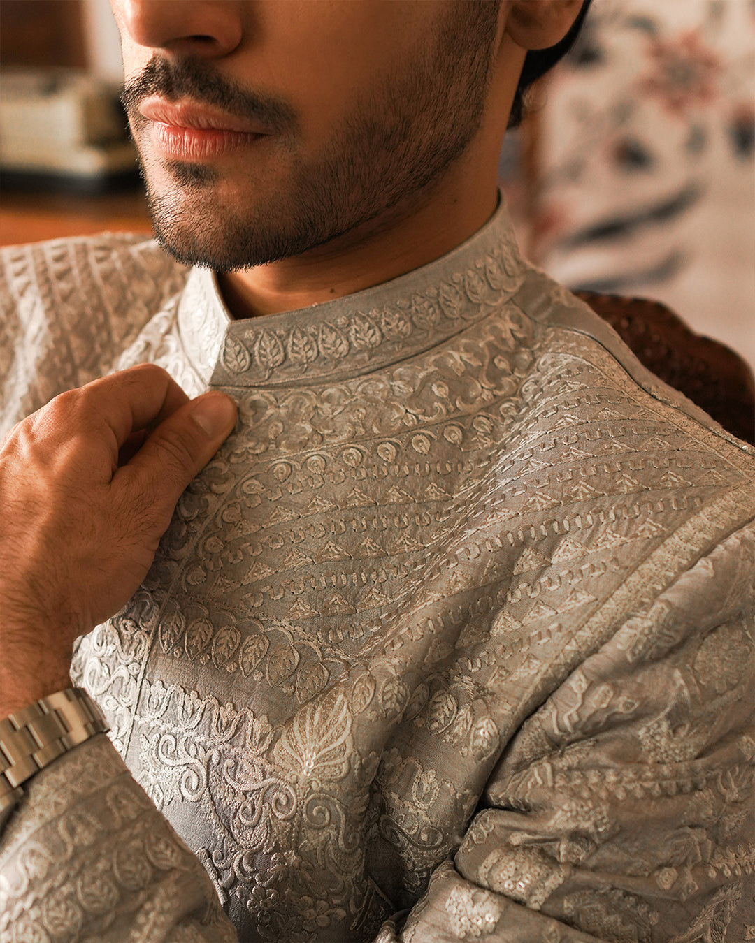 Grey Embroidered Korean Raw Silk Prince Coat (2-Piece) - Image 5