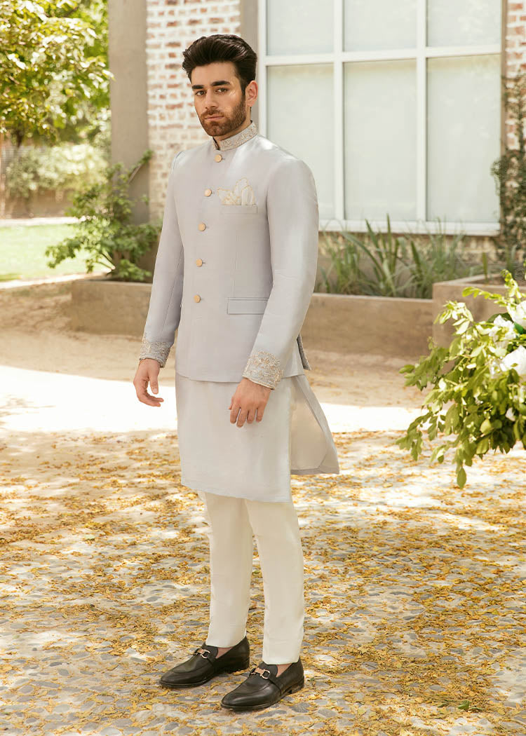 Grey Hand Embroidered Korean Rawsilk Prince Coat (3-Piece) - Image 1