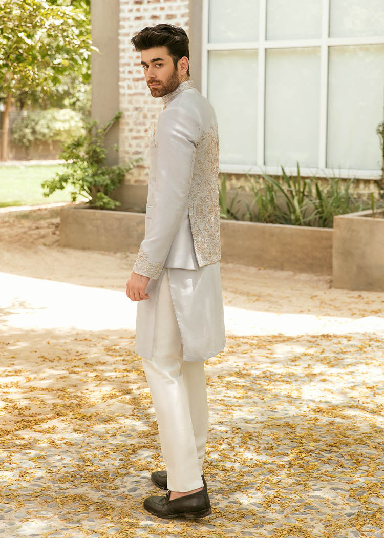 Grey Hand Embroidered Korean Rawsilk Prince Coat (3-Piece) - Image 2