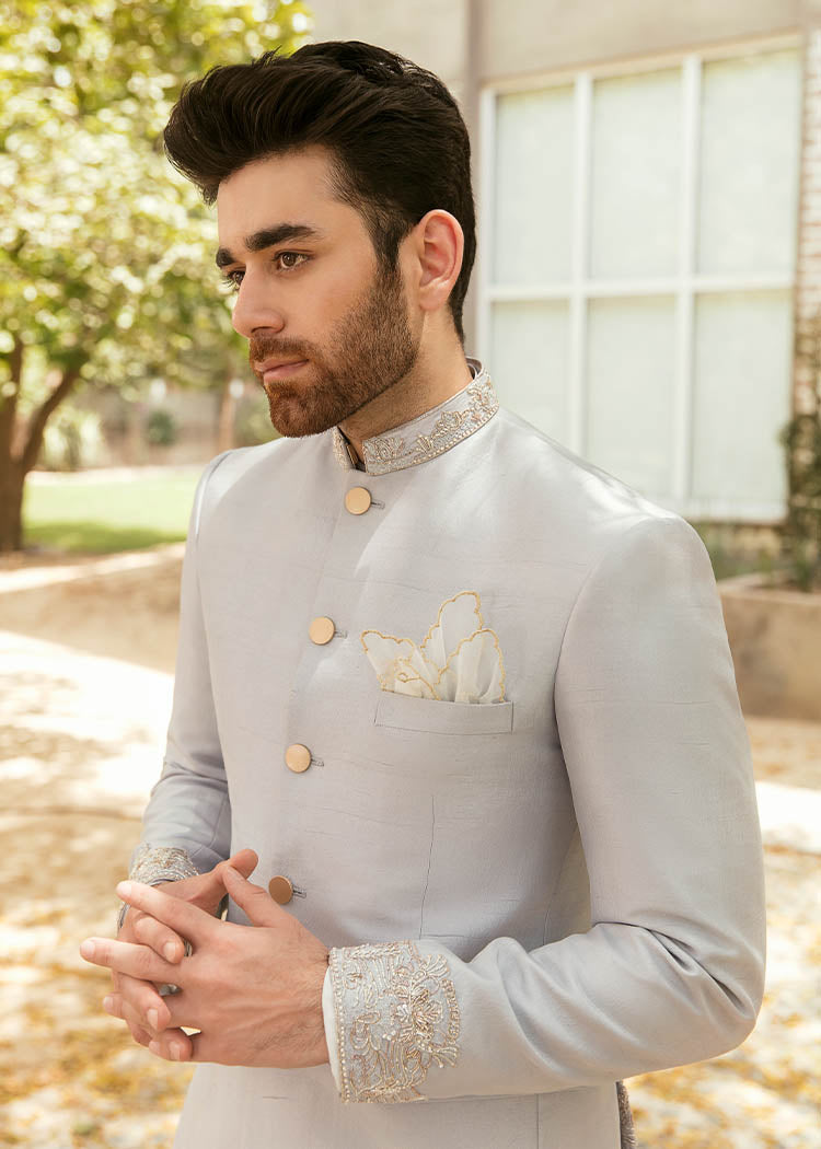 Grey Hand Embroidered Korean Rawsilk Prince Coat (3-Piece) - Image 3