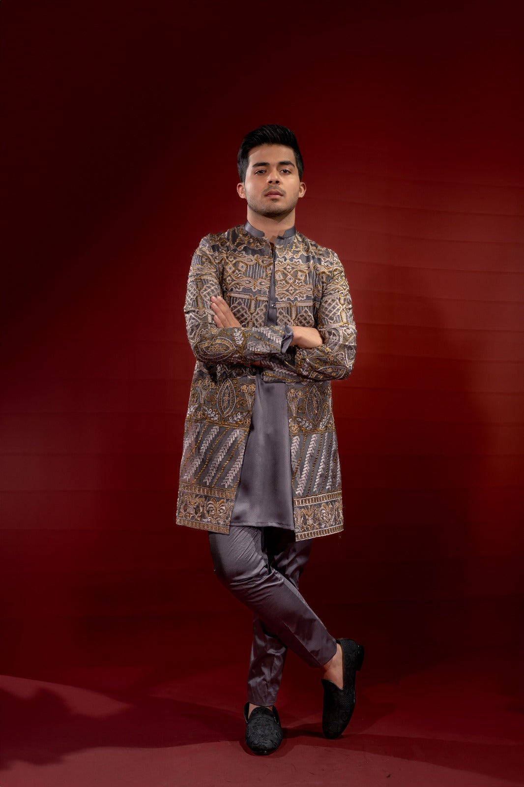Grey Embroidered Organza Prince Coat with Silk Kurta (3-Piece) - Image 1