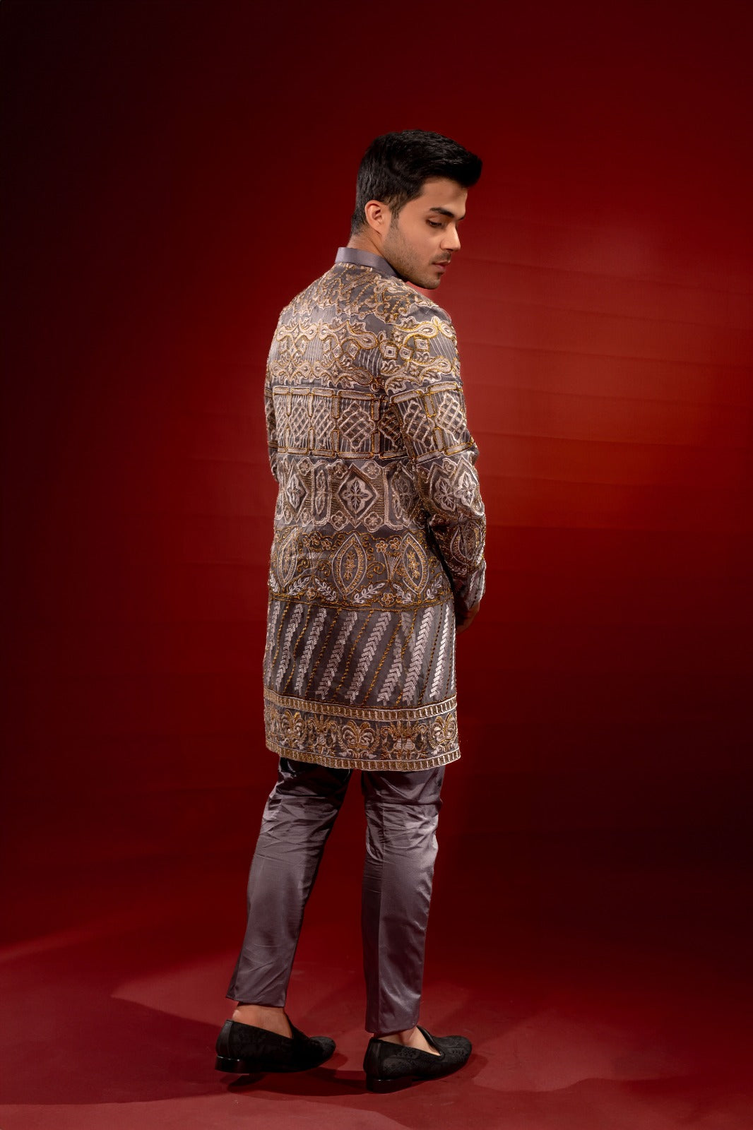 Grey Embroidered Organza Prince Coat with Silk Kurta (3-Piece) - Image 3