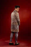 Grey Embroidered Organza Prince Coat with Silk Kurta (3-Piece) - Image 4