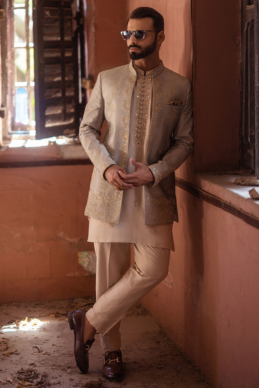 Light Grey Embroidered Raw Silk Prince Coat (3-Piece) - Image 1