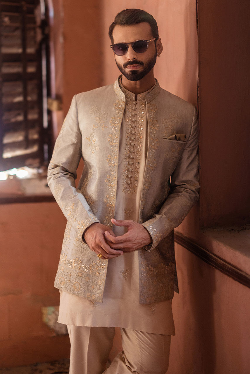 Light Grey Embroidered Raw Silk Prince Coat (3-Piece) - Image 2